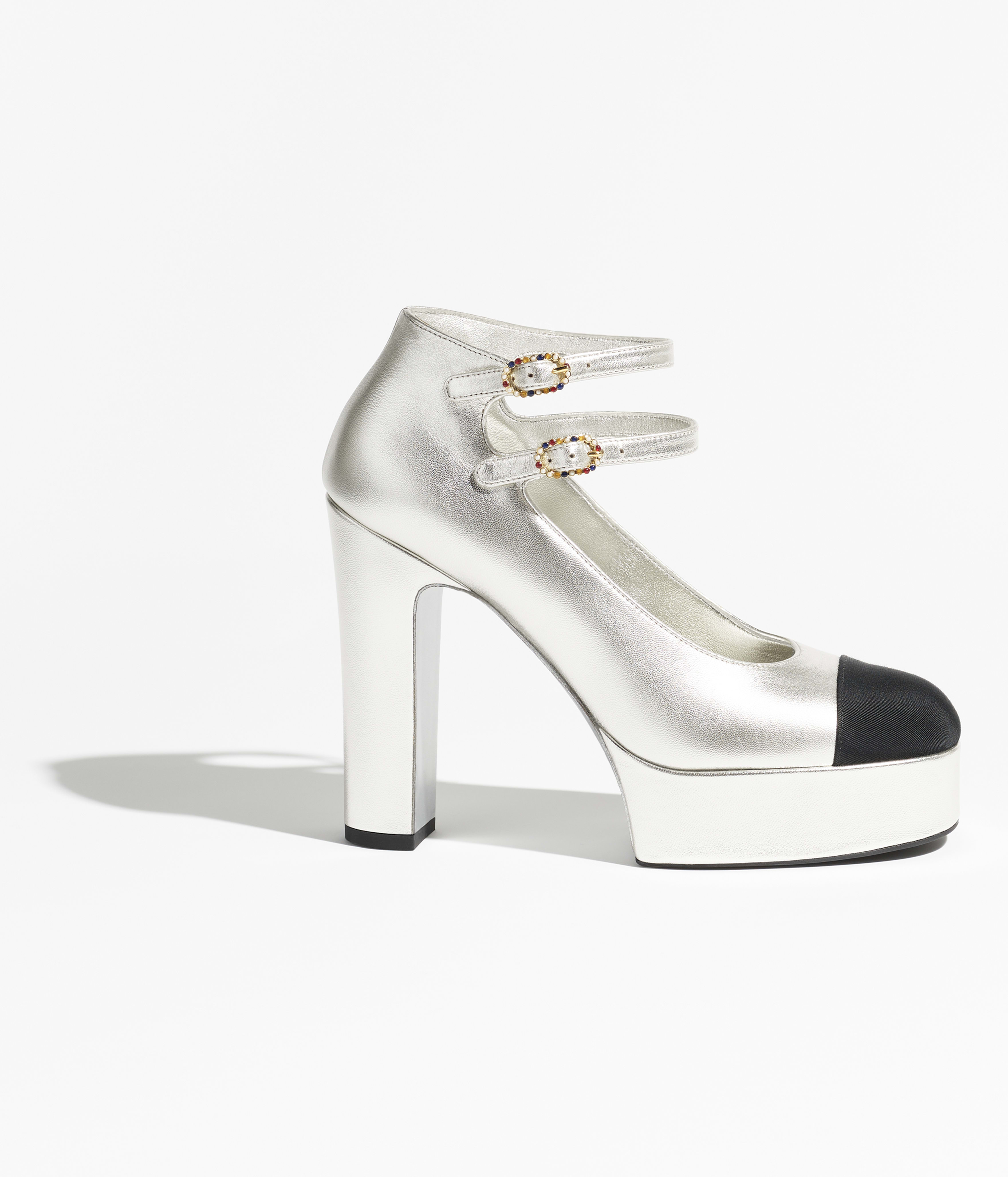 Mary Janes - Zilver & zwart - Gelamineerd lamsleer & grosgrain - Artistieke weergave 1